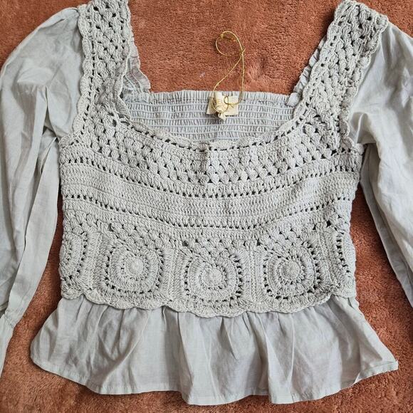 NWT Rebellion Again Womens Crochet Blouse Size Small Boho Peasant Ruffle Hippie - Picture 9 of 12